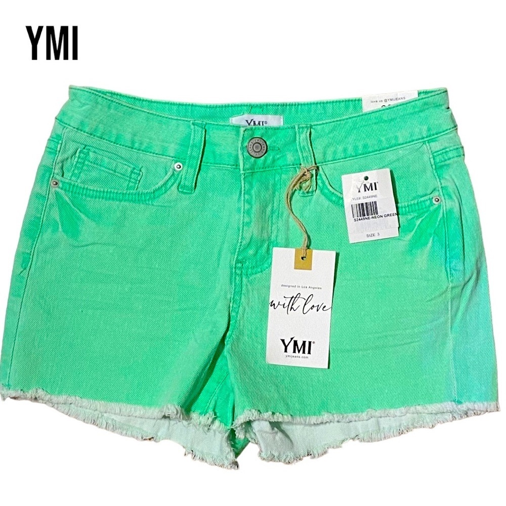 NWT YMI Jeans LIME GREEN FRAYED HEM MID RISE SHORTS Juniors Size 3 Y2K Denim